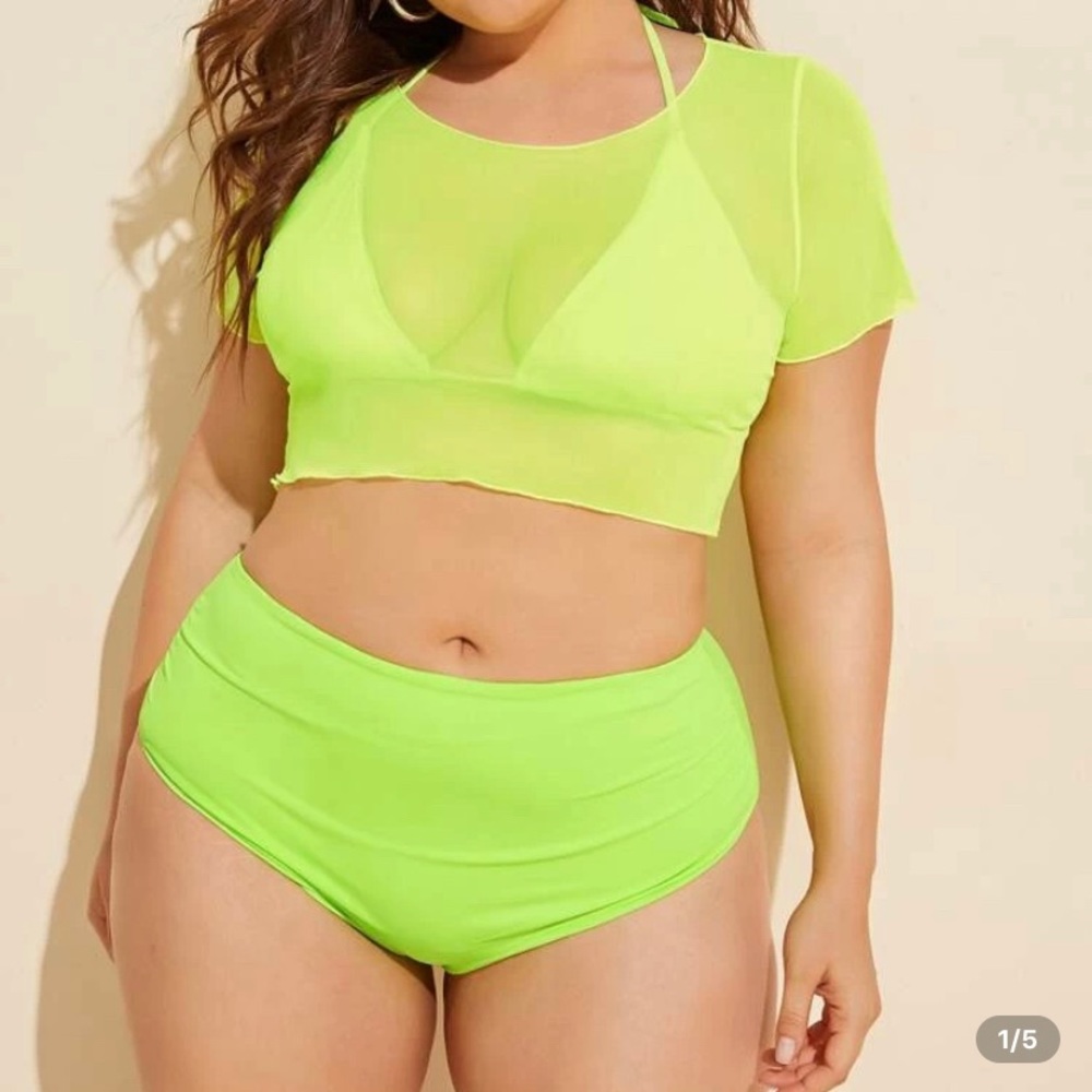 Plus Neon Green Mesh 3-piece bikini